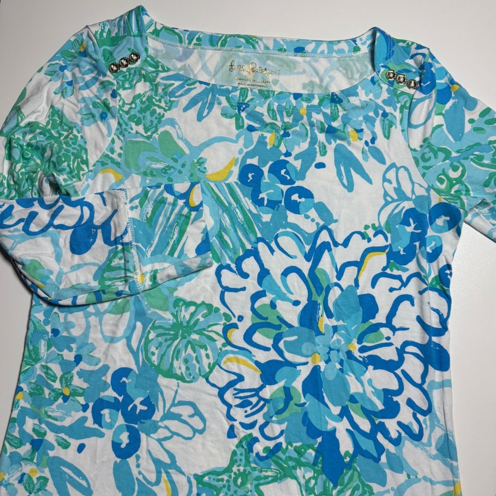 Lilly Pulitzer Sophia Dress Blue Green Floral In A Pinch Boat Neck UPF 50 S